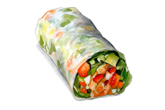 Watercolor Vietnam Spring Roll Isolated on Transparent Background. Fresh Vietnamese Spring Roll Watercolor Illustration PNG.