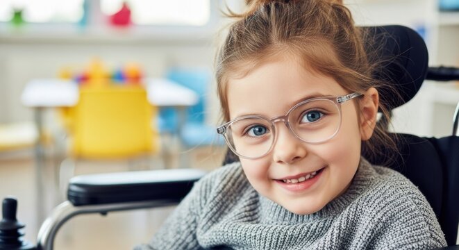 Smiling girl in wheelchair wearing glasses in a bright classroom setting during daytime