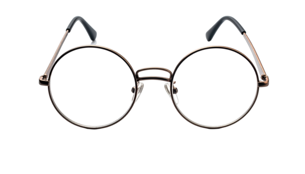 Round wire-rim eyeglasses with clear lenses presented against a solid black background