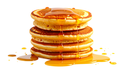 Golden brown breakfast cakes are generously covered with dripping sweet syrup against a dark backdrop