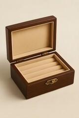 wooden jewelry box with beige velvet interior
