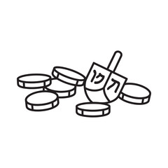 Drawn dreidel and hanukkah gelt coins on white background