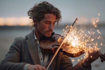 A man playing a violin with sparklers in his hands