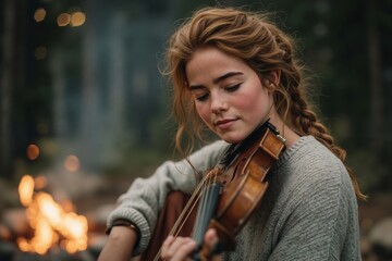 A woman playing a violin in front of a fire