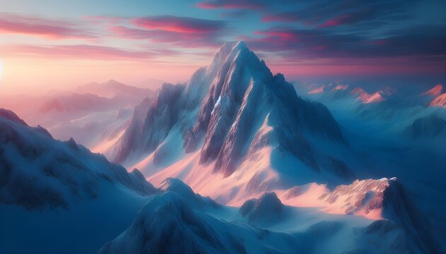Majestic snow-capped mountain peak with colorful clouds at sunset. generative AI - AI generated - Powered by Adobe