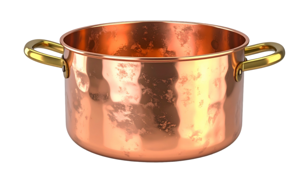 Hand hammered copper cooking pot with polished brass handles shown against a black background