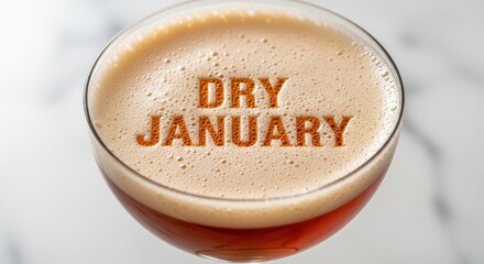 Celebration of Dry January with a creative non-alcoholic beverage in a stylish glass on a marble countertop