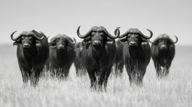 Black and white wildlife scene of strong African buffalo standing on the savannah, showing horn shape, power, wild strength and calm herd behavior in its natural outdoor habitat