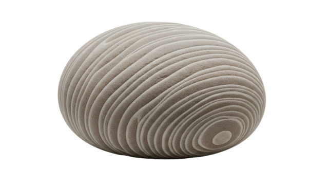 Textured spherical form displays concentric raised layers against a dark background
