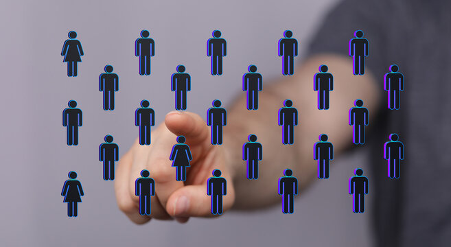 Hand pointing at a digital network of people representing community, connection, teamwork, and social media. Concepts like interaction, and infl