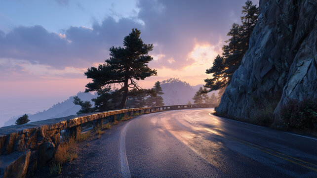 夜明けの海沿い山道が雲シーに染まる