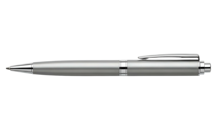 Sleek metallic writing instrument displayed against a stark black background
