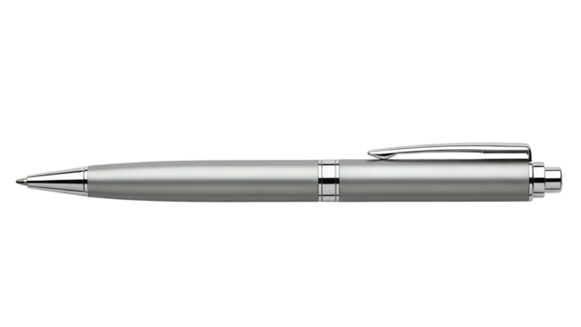 Sleek metallic writing instrument displayed against a stark black background