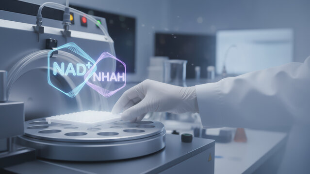 Longevity research in laboratory with scientist using advanced equipment to analyze NAD and NHAH molecules for health and aging studies