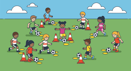 Children Practicing Soccer Skills with Cones on a Field.