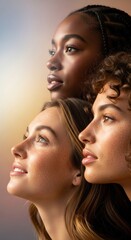 Obraz premium Diverse group of women showcasing beauty and strength against a soft background at sunset