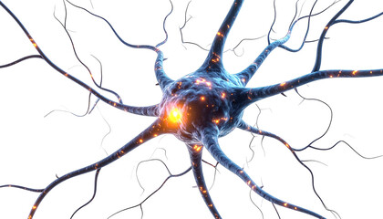 Illuminated biological cell structure with numerous branching projections against a dark background