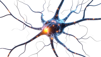 Illuminated biological cell structure with numerous branching projections against a dark background
