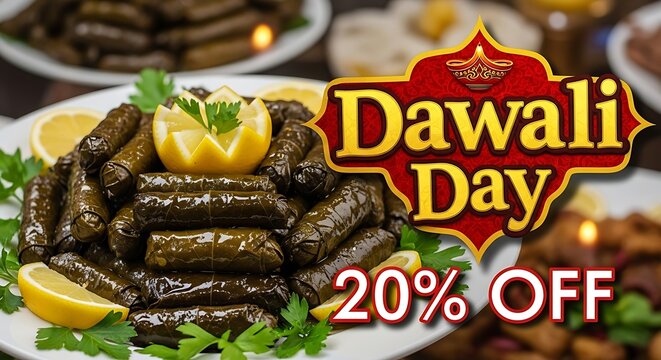 A plate of dolma with lemon slices and parsley for dawali day - Powered by Adobe