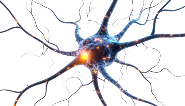 Illuminated biological cell structure with numerous branching projections against a dark background