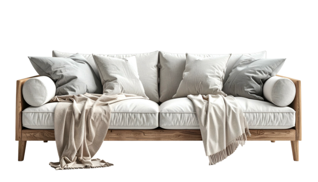 Wooden framed sofa with numerous plush cushions and soft textiles against a dark background