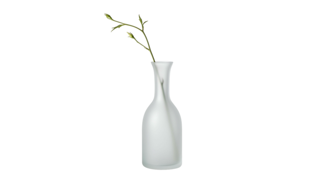 Minimalist white ceramic vessel holds a delicate green twig against a solid black background