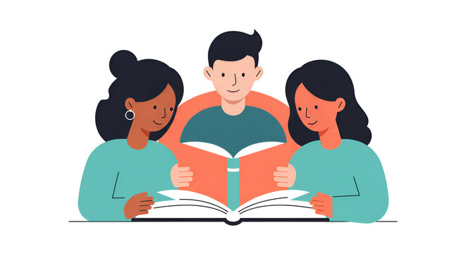 Diverse group of friends happily sharing knowledge by reading an open book together, fostering connection and learning.