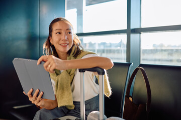 Asian woman traveling, sitting in airport lounge, holding a tablet and smiling while waiting for...