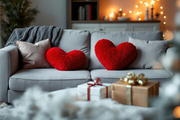 Cozy Valentine's Day Home Decor: Gray Sofa with Red Heart Pillows, Gifts, and Warm Lighting for Romantic Atmosphere