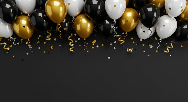 Celebrate in style with elegant black, white, and gold balloons creating a festive atmosphere perfect for any special occasion or event backdrop.