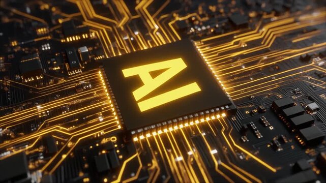 Advanced artificial intelligence concept featuring a glowing AI logo on a central processor unit chip, illustrating the flow of digital information and futuristic technology
