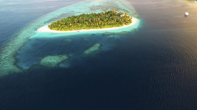 Aerial view of a jewel-like island crowned with verdant foliage, encircled by a halo of turquoise waters merging into the deep indigo ocean, Faafu Atoll, Maldives.