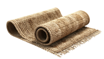 Two textured floor coverings made of natural fibers are partially rolled against a black background