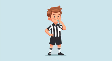 Cartoon Referee Boy in Striped Shirt Thinking Deeply.