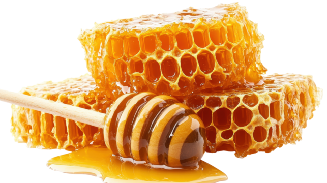 Honeycomb and Dipper with Dripping Honey isolated on a transparent background