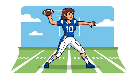 Cartoon Woman Quarterback Throwing Football on Field.