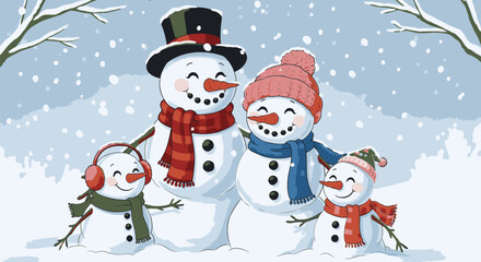 Cheerful Snowman Family Enjoying Winter Together in a Snowy Landscape.