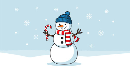 Cheerful Snowman with Candy Cane and Striped Scarf in Winter Scene.