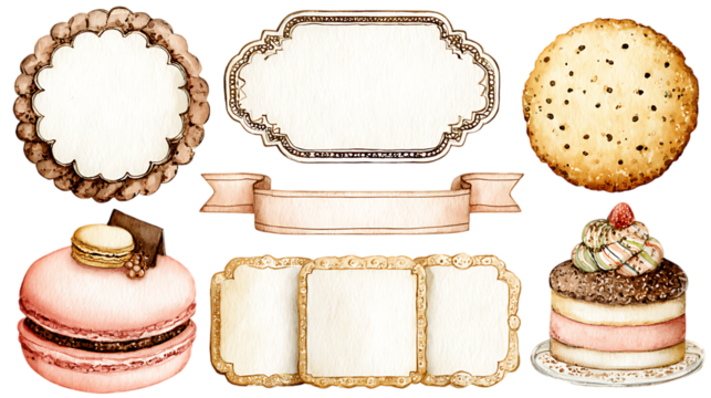 Collection of vintage decorative labels tags and sweet treats isolated on transparent background - Powered by Adobe
