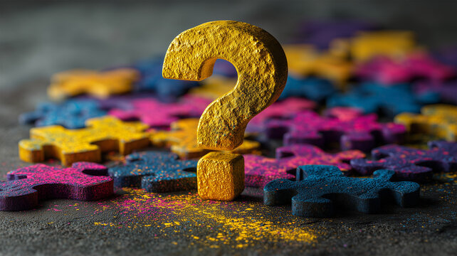 カラフルなジグソーピースと浮かぶ疑問符の集合