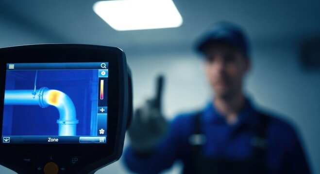 Plumber inspecting pipes with thermal imaging camera &mdash; ideal for winterized plumbing, home safety and home maintenance content.
