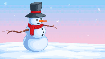 Pixel Art Snowman in Winter Landscape