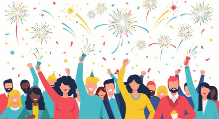 A crowd celebrates with fireworks and confetti above them