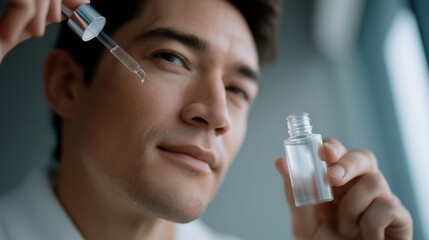 Middle aged Korean man applying serum portrait image. Handsome mature male using hyaluronic cosmetic product photography human scene. Rejuvenation skincare concept photo-realistic
