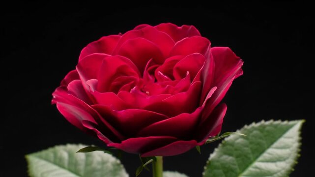 Extreme close-up macro time-lapse video of a pristine, deep crimson 'Black Baccara' rose blooming against velvety black with creamy bokeh, soft studio light. Natural beauty concept