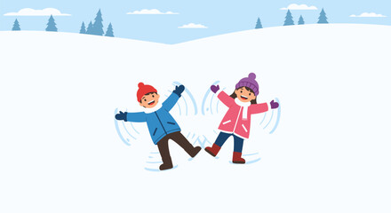 Children Making Snow Angels in Winter Landscape.