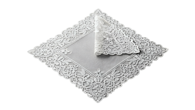 Delicate white lace fabric square is positioned diagonally against a solid black background.