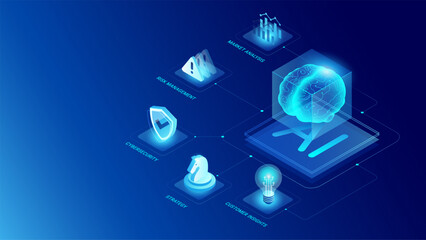 Fototapeta na wymiar AI for Business Processes concept infographics - AI brain icon connected to cybersecurity, risk management, business strategy, market analysis, and customer insights icons - modern vector isometric