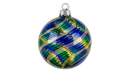 Ornate glass sphere holiday decoration features swirling blue green and gold patterns against a dark background