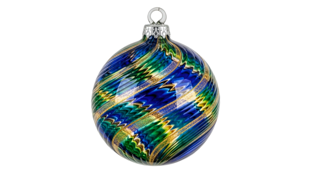 Ornate glass sphere holiday decoration features swirling blue green and gold patterns against a dark background